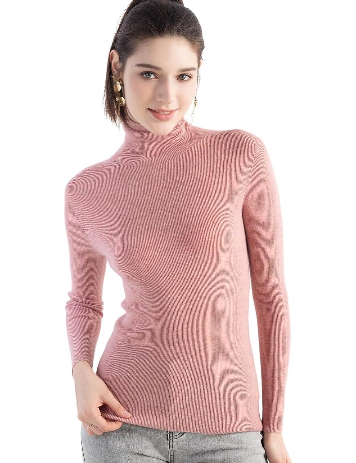 Merino Wool Blend Ribbed Turtleneck Slim Fit Sweater