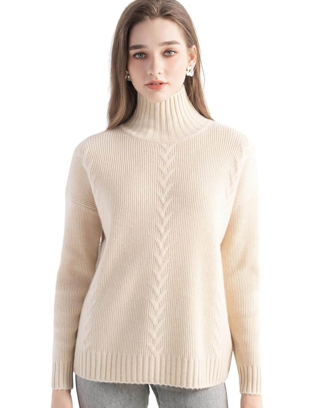 100% Cashmere Cable Knit Mock Neck Sweater