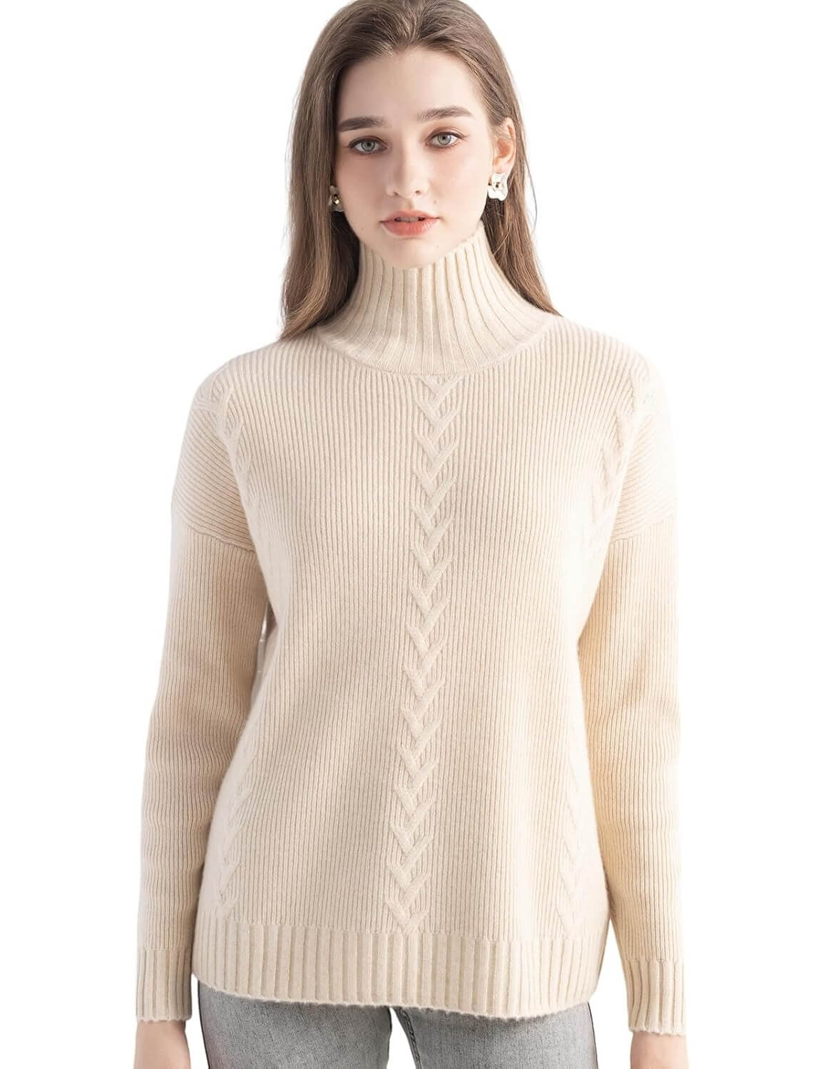 100% Cashmere Cable Knit Mock Neck Sweater