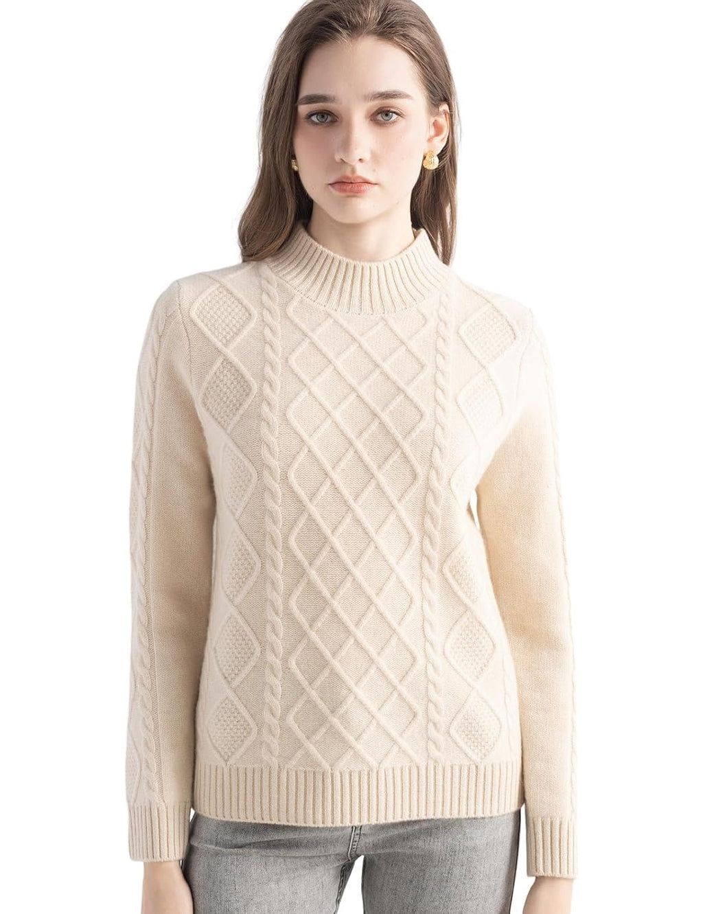 Mongolian Cashmere Casual Mock Neck Cable Sweater