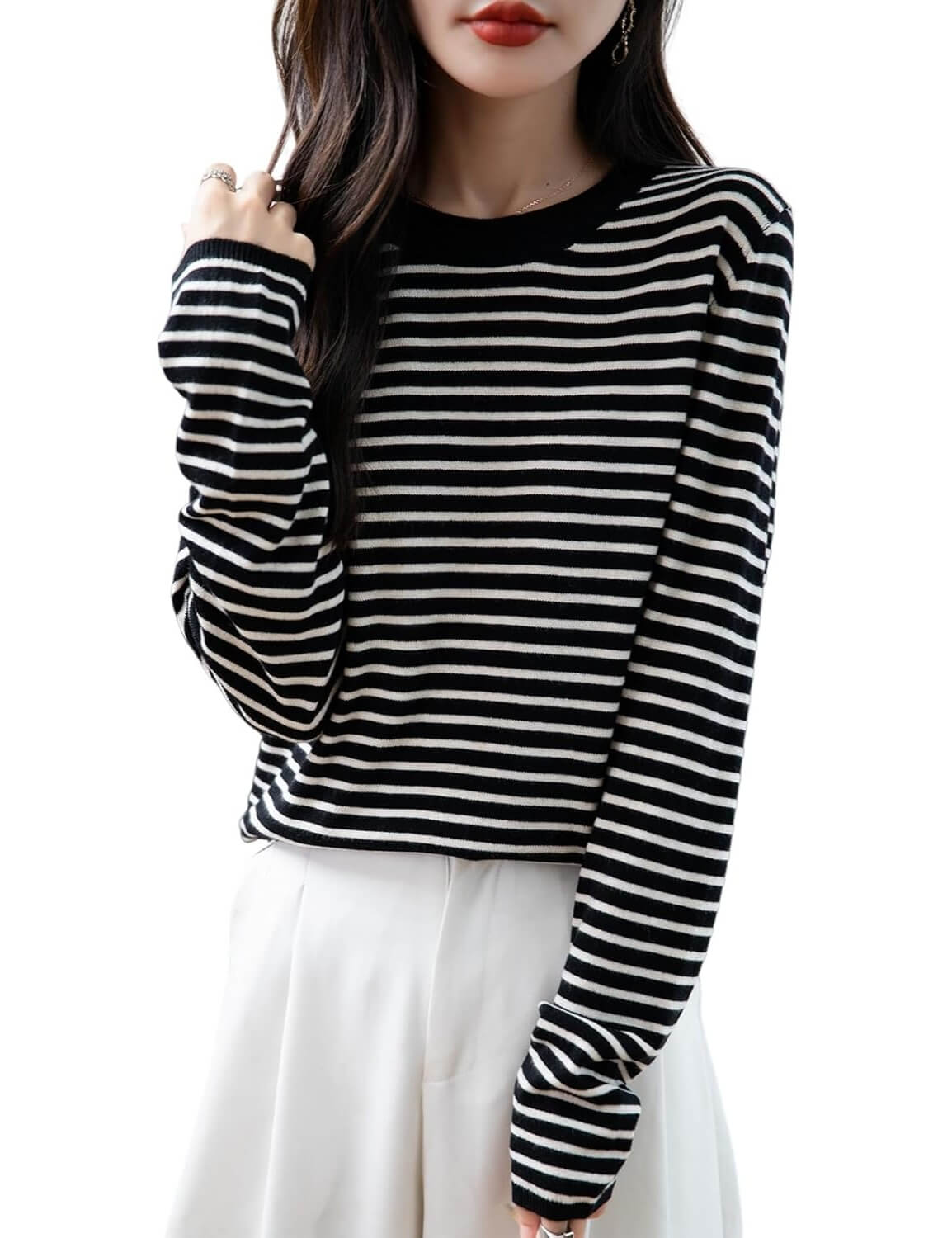 Merino Wool Blend Striped Crewneck Sweater