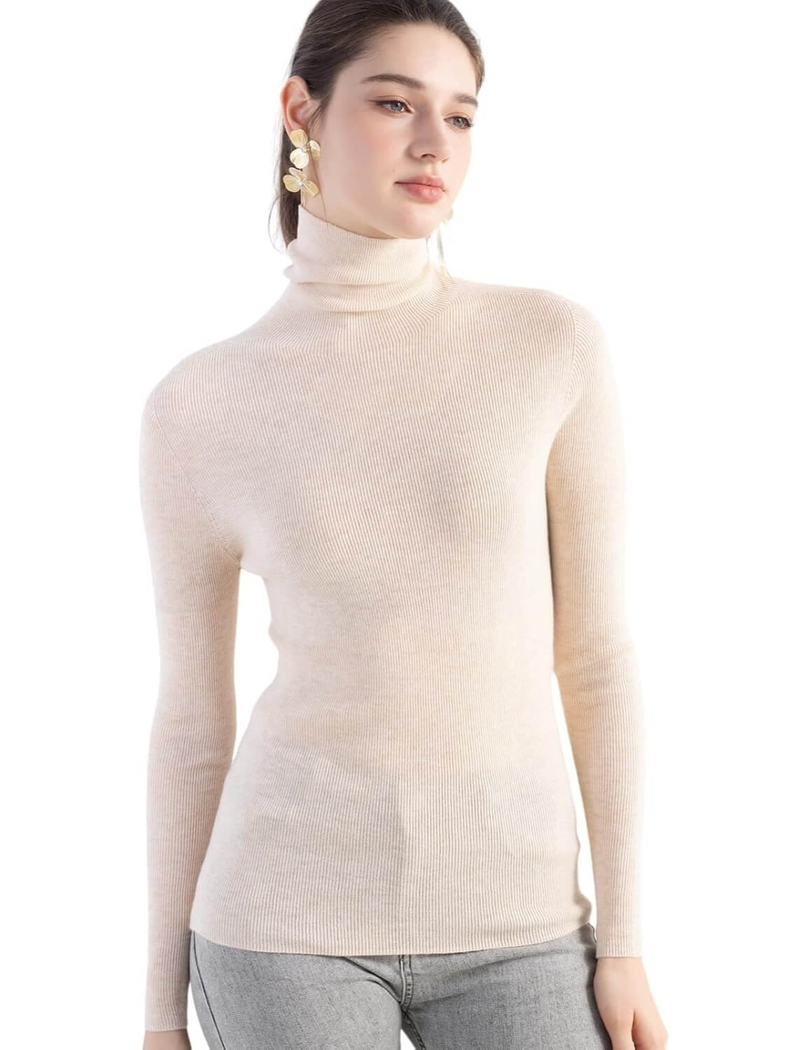 Merino Wool Blend Ribbed Turtleneck Slim Fit Sweater
