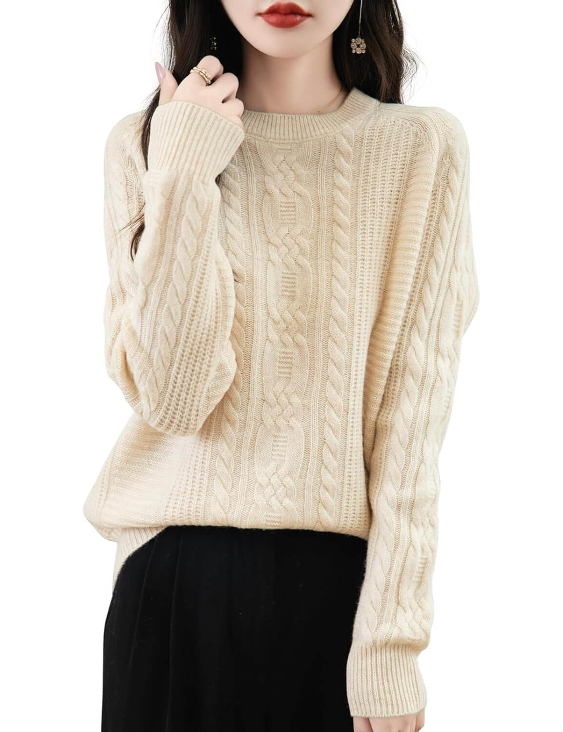 100% Merino Wool Crewneck Cable Knit Sweater