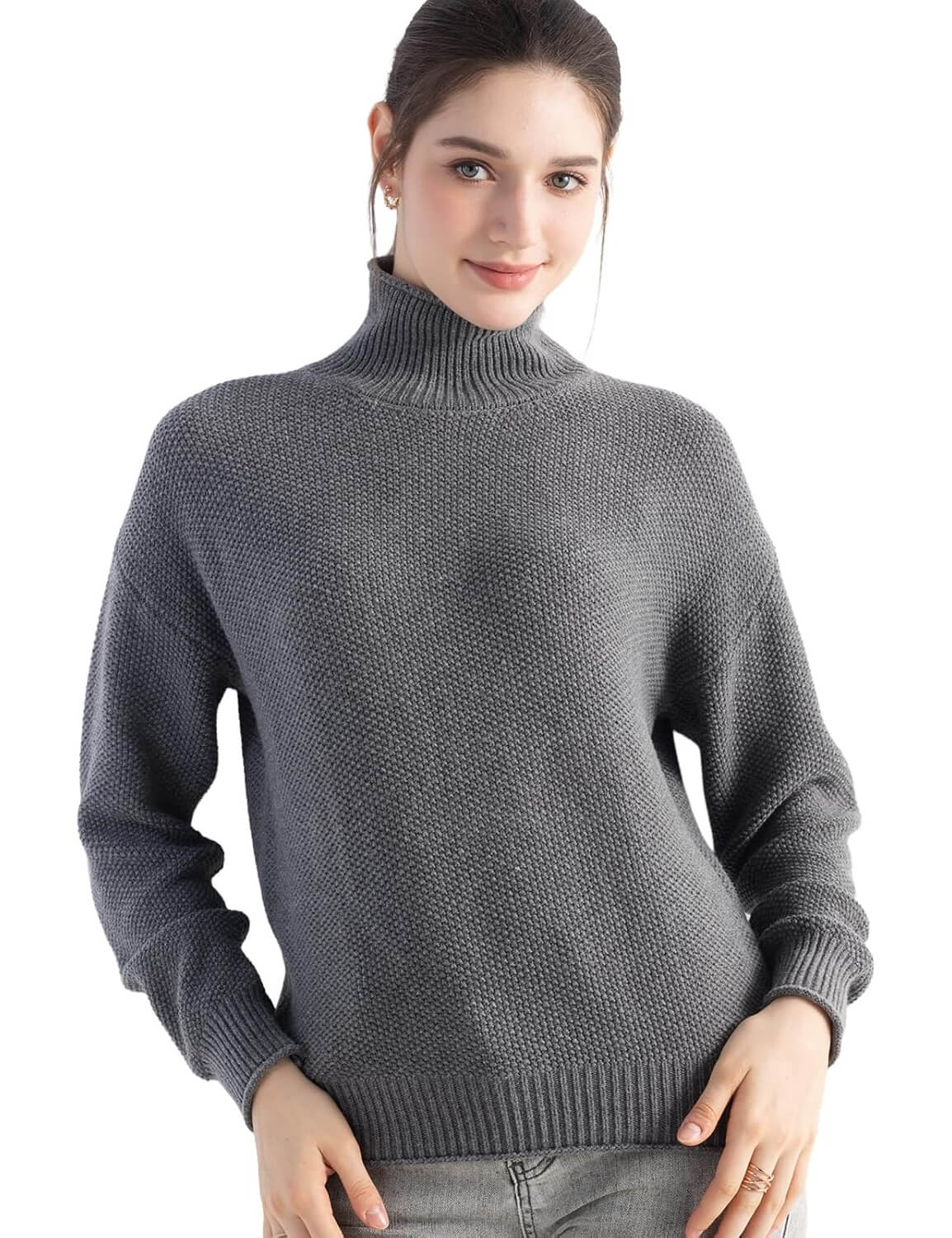 Merino Wool Blend Mock Neck Loose Knit Sweater