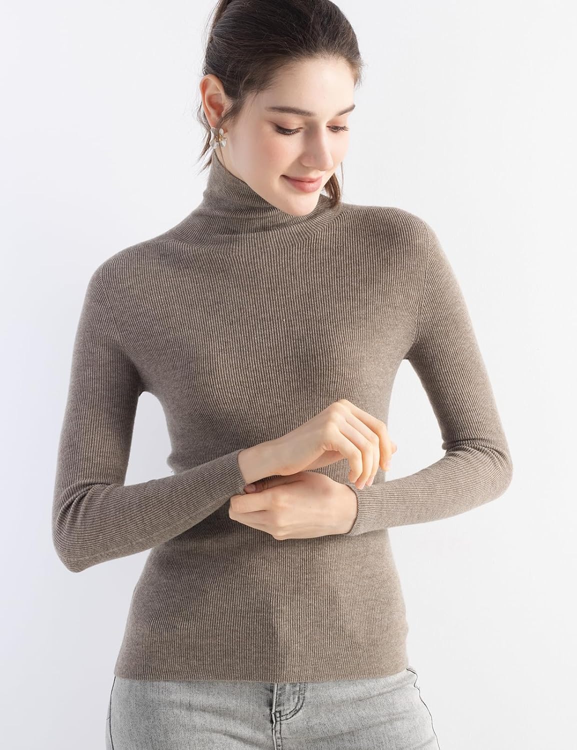 Merino Wool Blend Ribbed Turtleneck Slim Fit Sweater