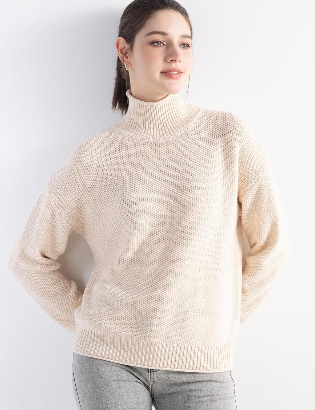 Merino Wool Blend Mock Neck Loose Knit Sweater