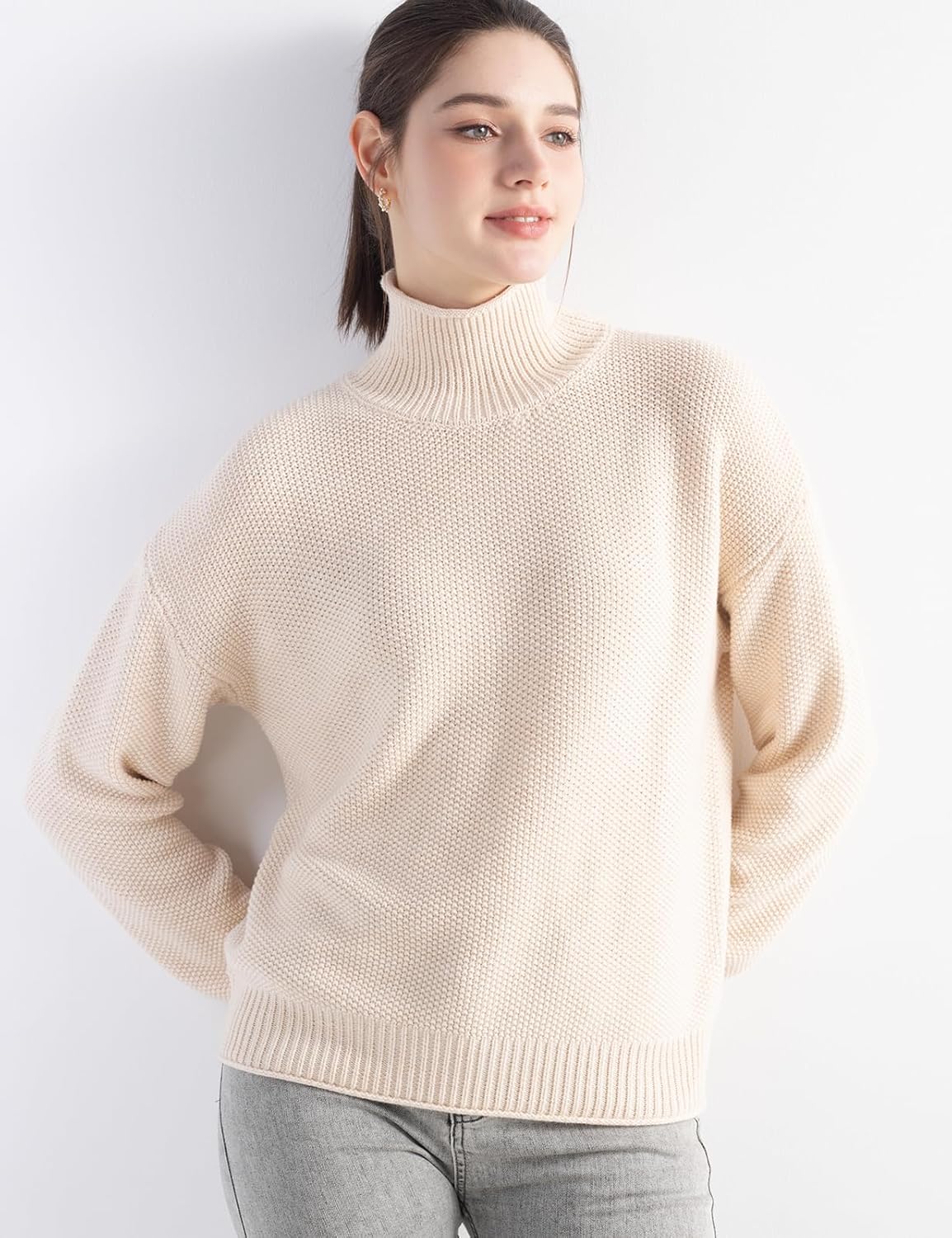 Merino Wool Blend Mock Neck Loose Knit Sweater