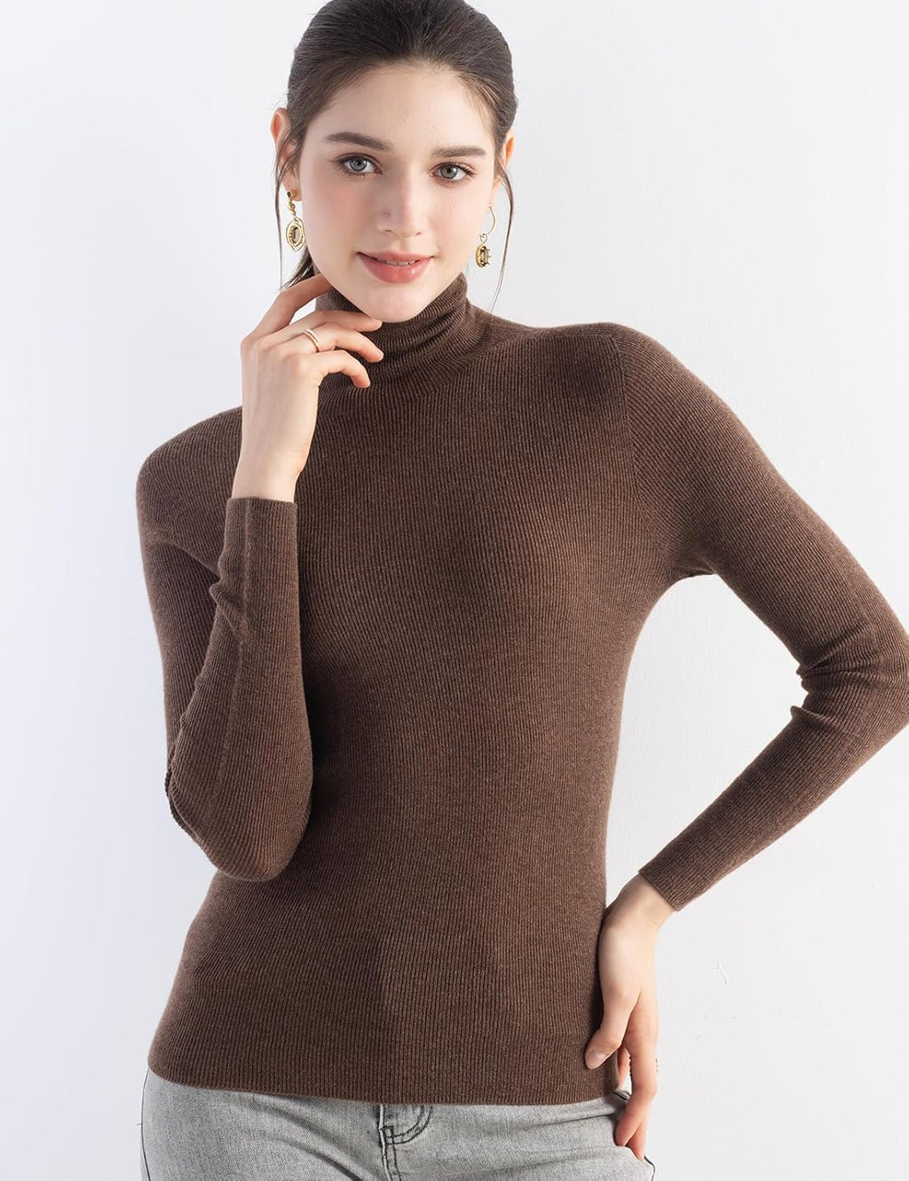 Merino Wool Blend Ribbed Turtleneck Slim Fit Sweater