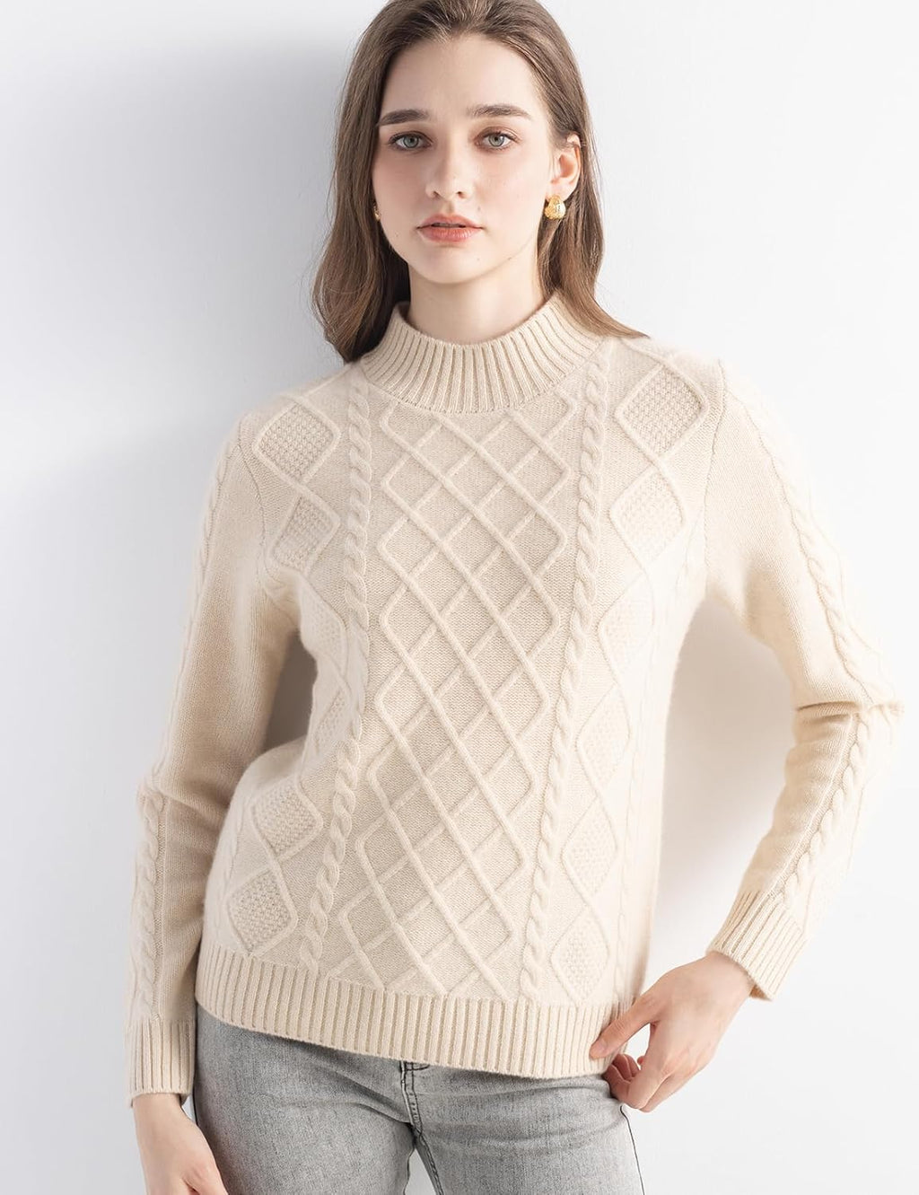 Mongolian Cashmere Casual Mock Neck Cable Sweater