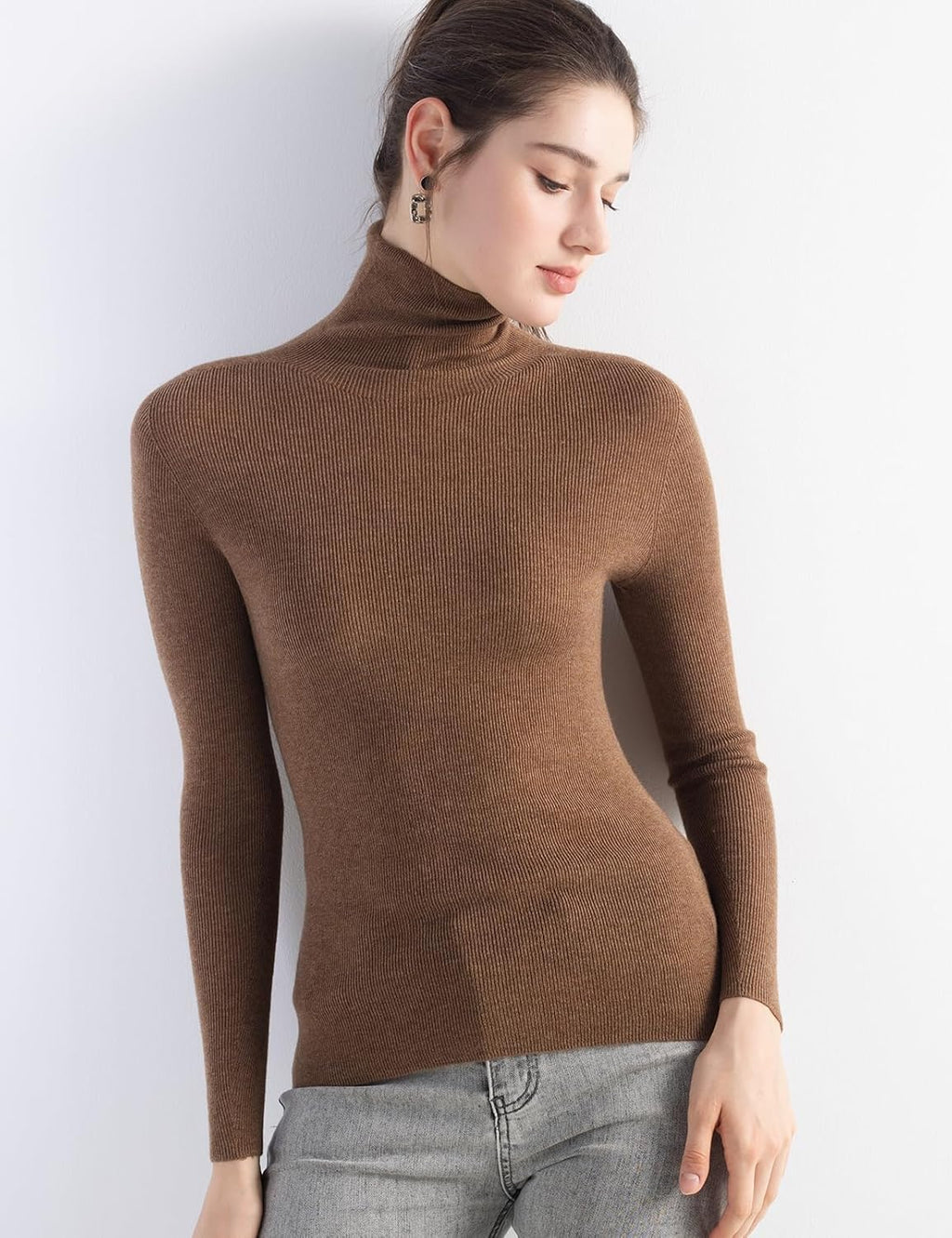 Merino Wool Blend Ribbed Turtleneck Slim Fit Sweater