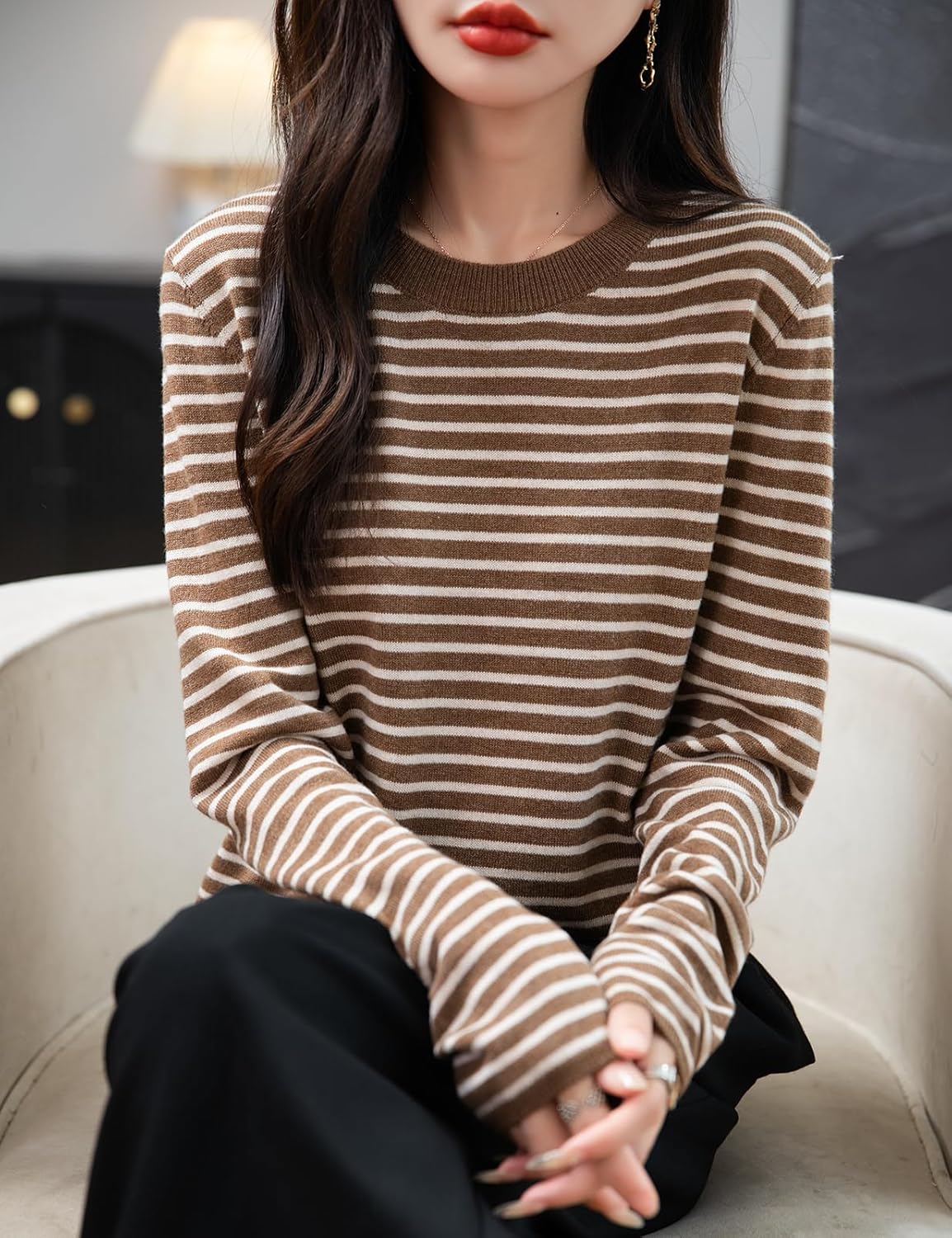 Merino Wool Blend Striped Crewneck Sweater