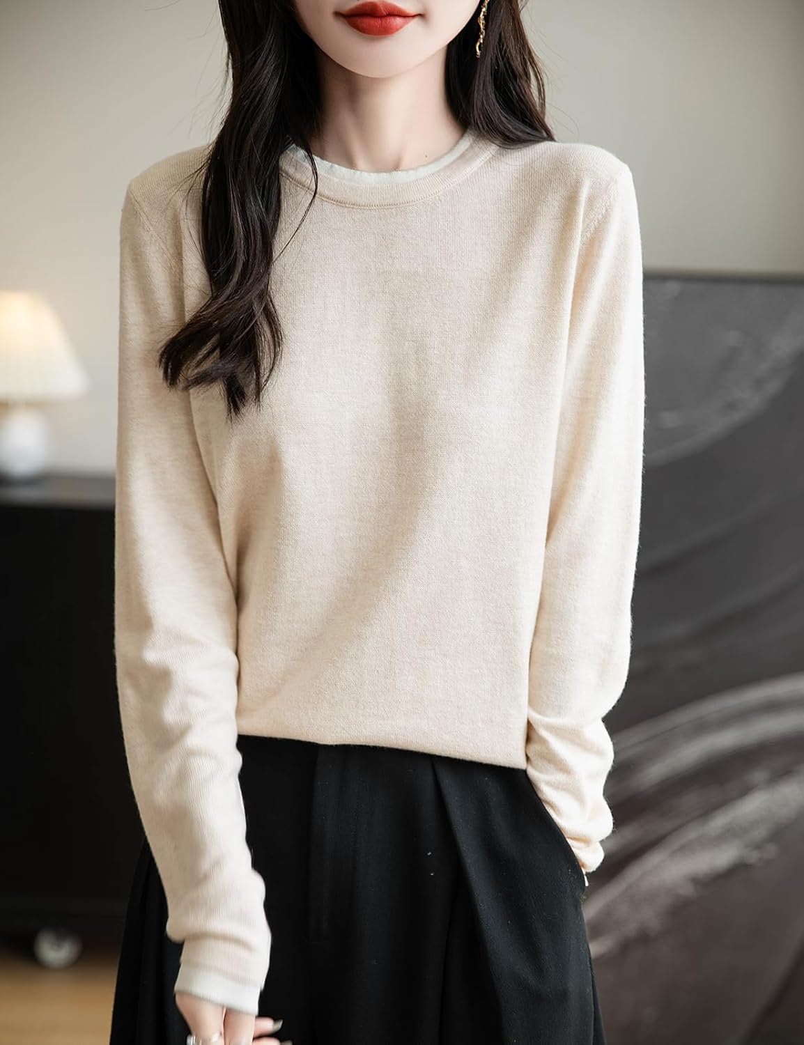 Merino Wool Blend Color Block Fake Two-Piece Crewneck Knit Top