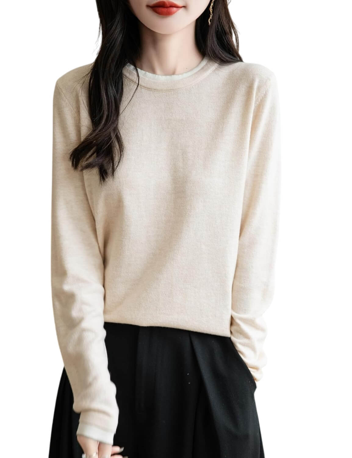 Merino Wool Blend Color Block Fake Two-Piece Crewneck Knit Top