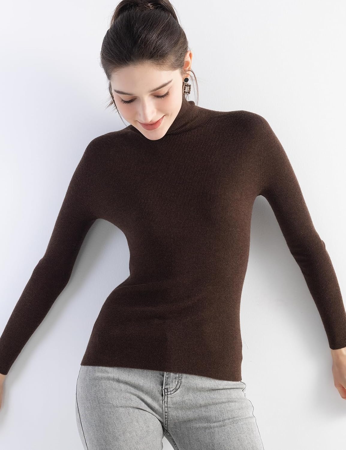 Merino Wool Blend Ribbed Turtleneck Slim Fit Sweater