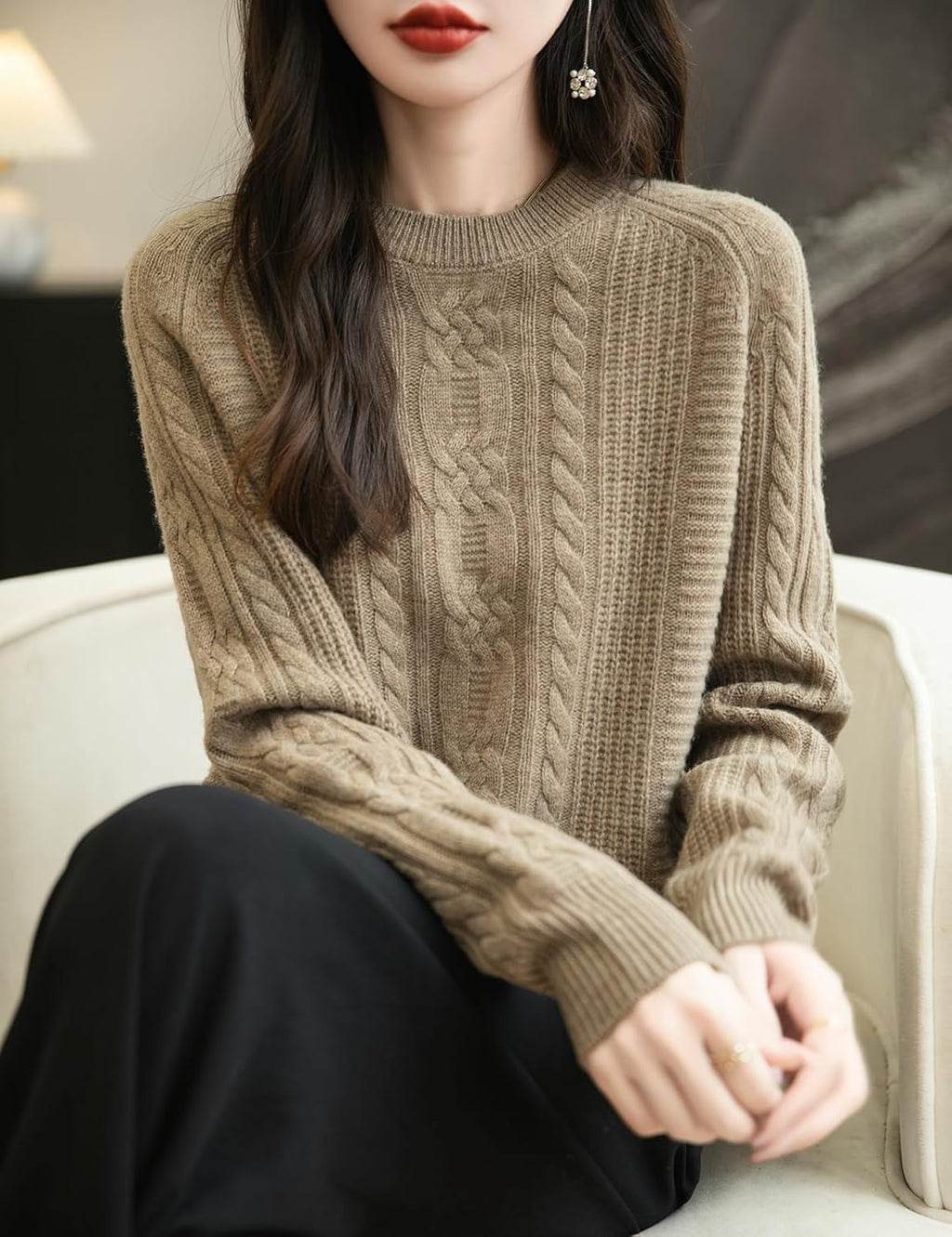 100% Merino Wool Crewneck Cable Knit Sweater