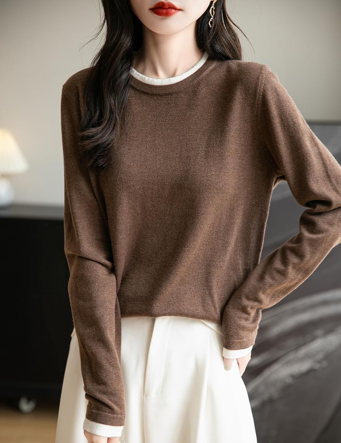 Merino Wool Blend Color Block Fake Two-Piece Crewneck Knit Top