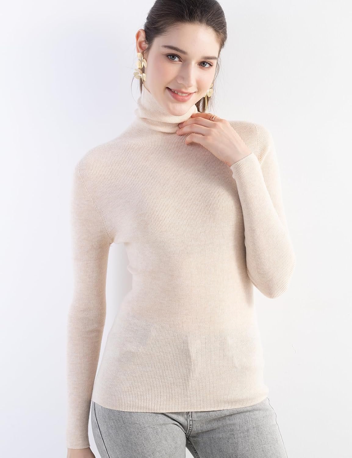 Merino Wool Blend Ribbed Turtleneck Slim Fit Sweater