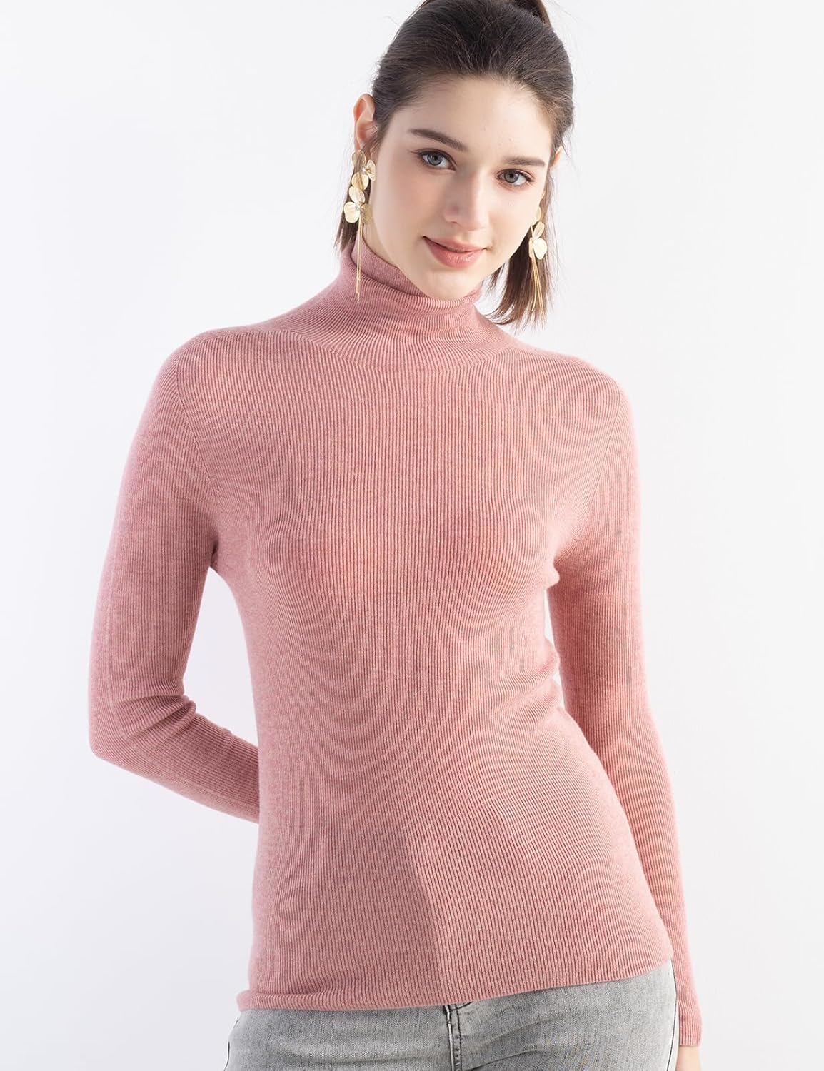 Merino Wool Blend Ribbed Turtleneck Slim Fit Sweater