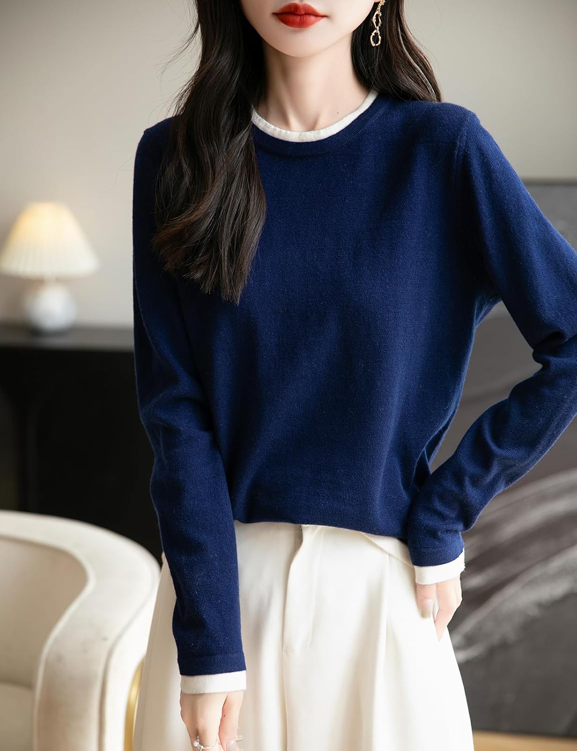 Merino Wool Blend Color Block Fake Two-Piece Crewneck Knit Top