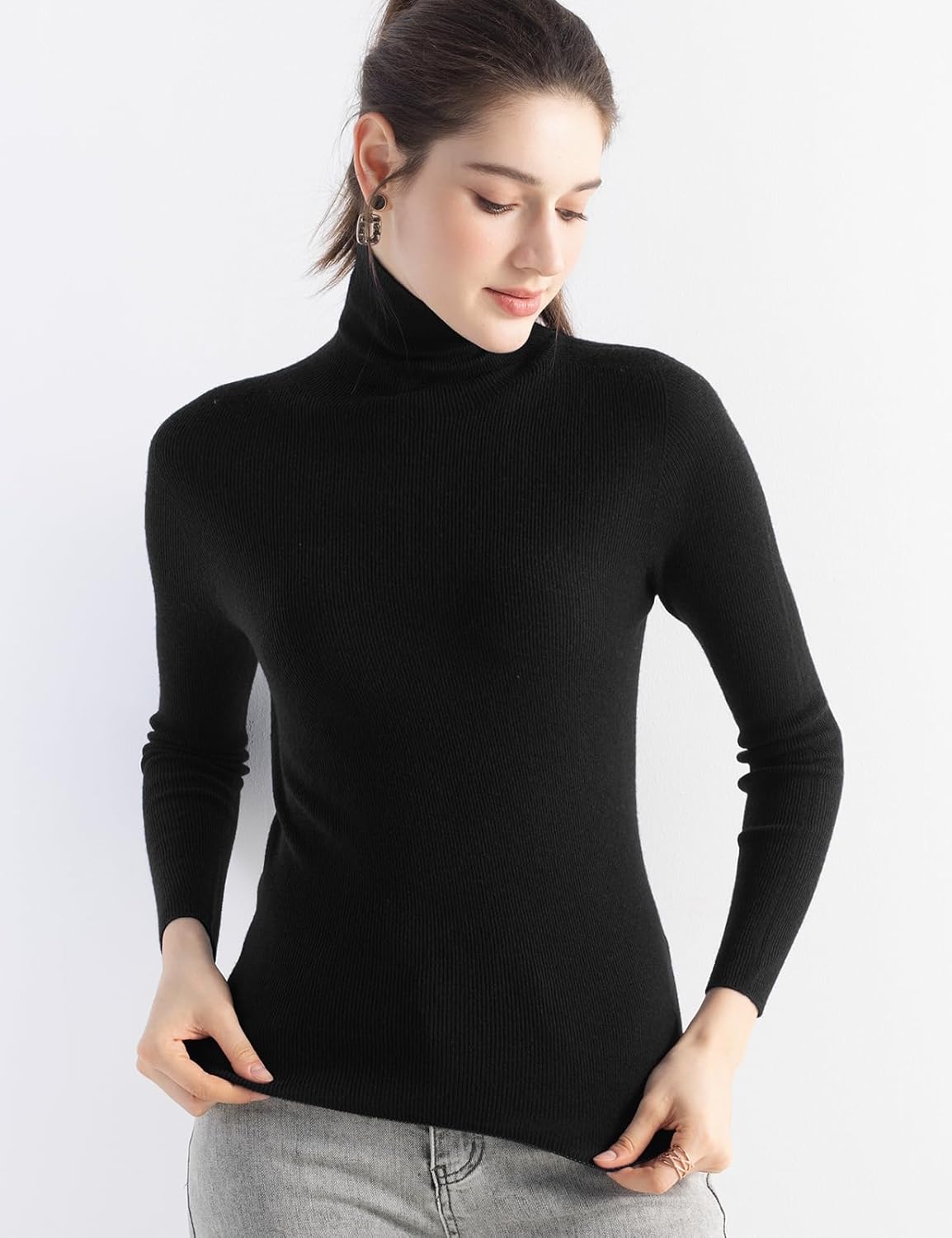 Merino Wool Blend Ribbed Turtleneck Slim Fit Sweater