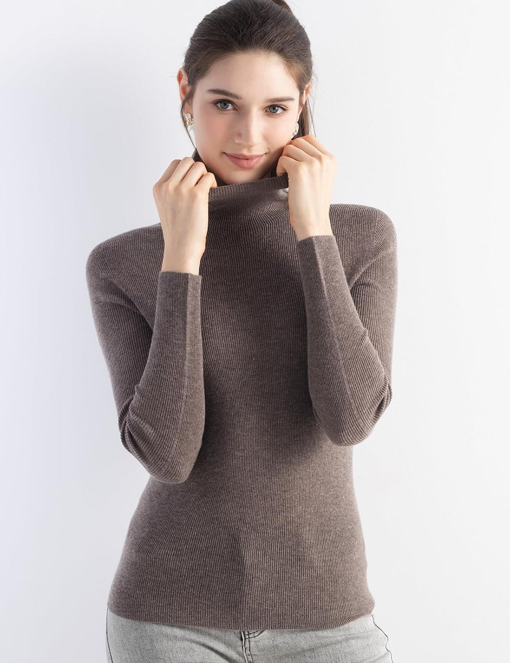 Merino Wool Blend Ribbed Turtleneck Slim Fit Sweater