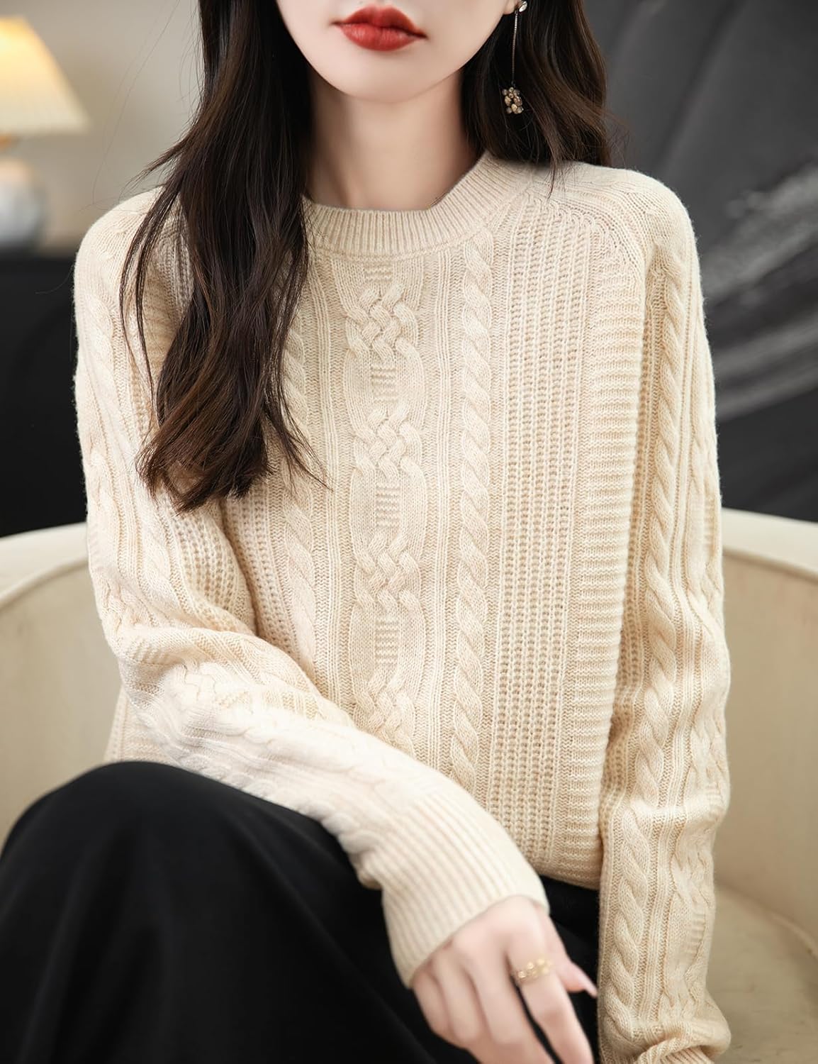100% Merino Wool Crewneck Cable Knit Sweater