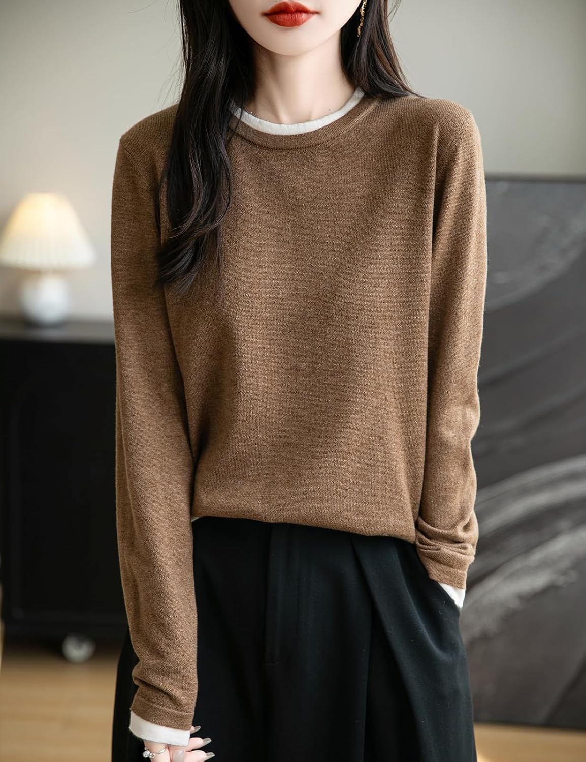 Merino Wool Blend Color Block Fake Two-Piece Crewneck Knit Top