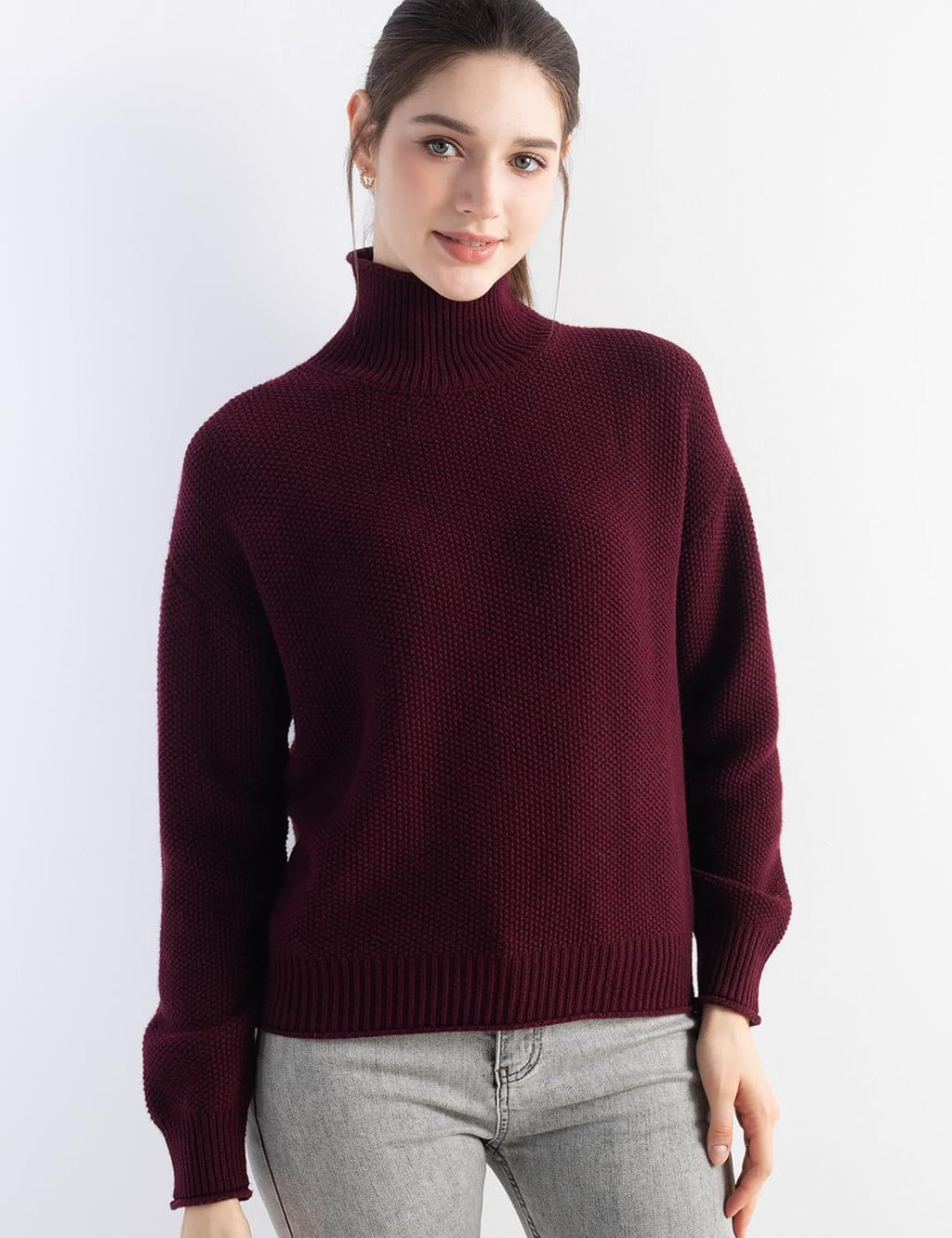 Merino Wool Blend Mock Neck Loose Knit Sweater