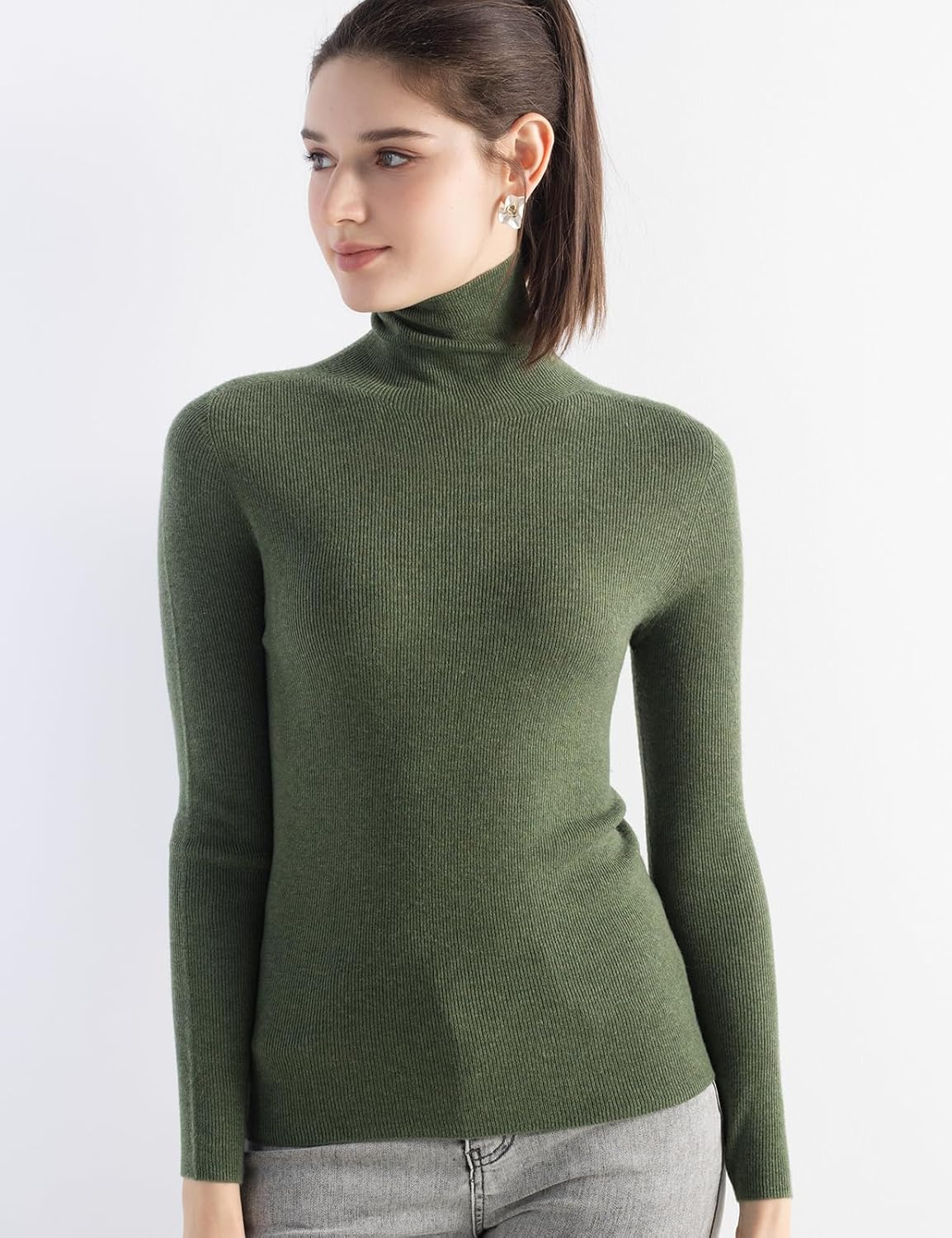 Merino Wool Blend Ribbed Turtleneck Slim Fit Sweater