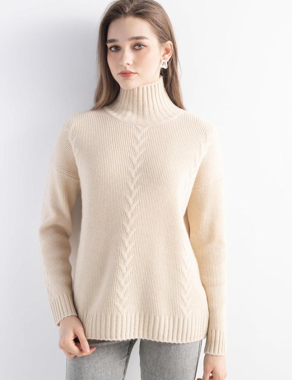 100% Cashmere Cable Knit Mock Neck Sweater
