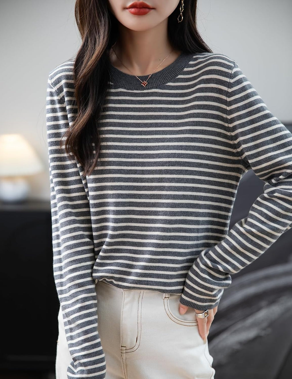 Merino Wool Blend Striped Crewneck Sweater