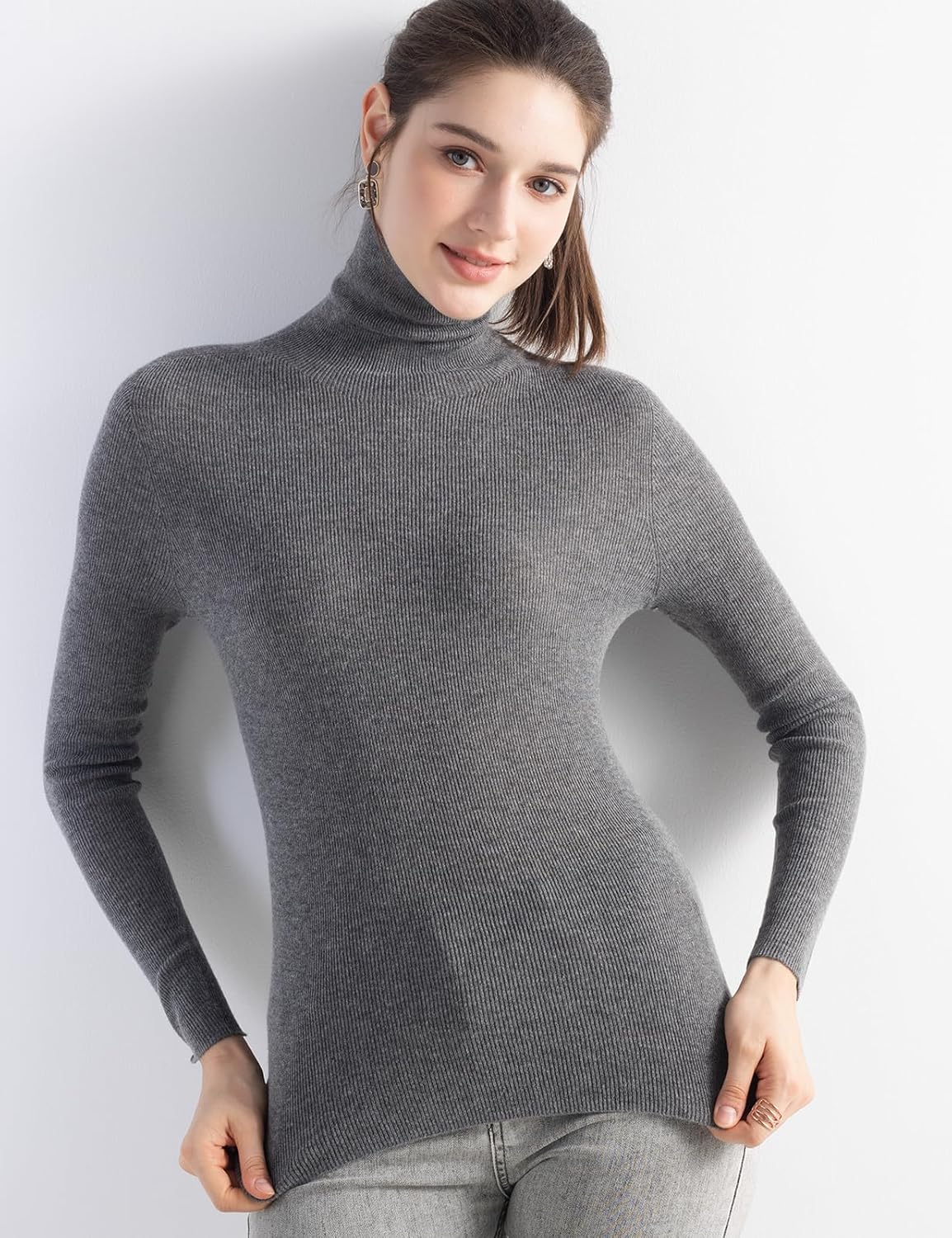 Merino Wool Blend Ribbed Turtleneck Slim Fit Sweater