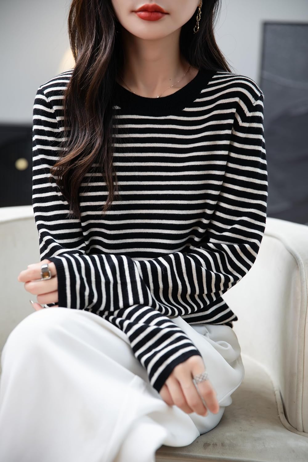 Merino Wool Blend Striped Crewneck Sweater