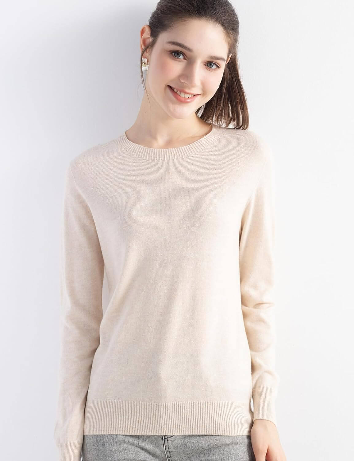 Merino Wool Blend Crew Neck Seamless Knit Sweater