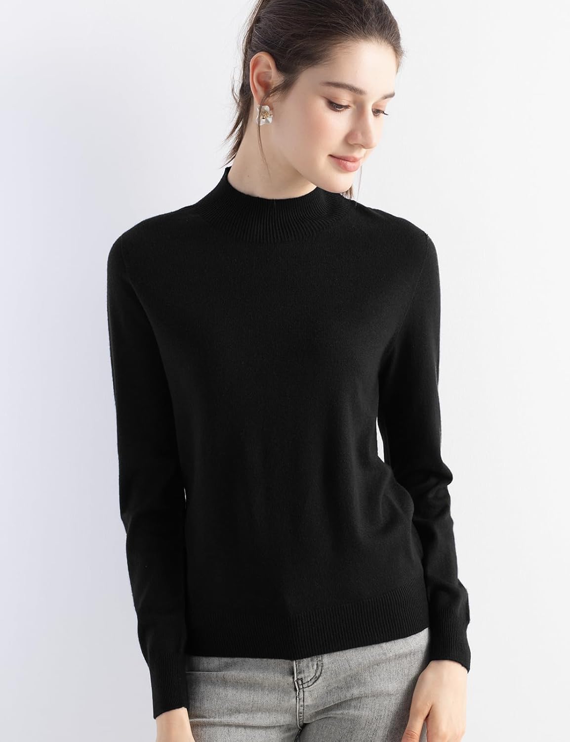 Merino Wool Blend Mock Neck Seamless Knit Sweater