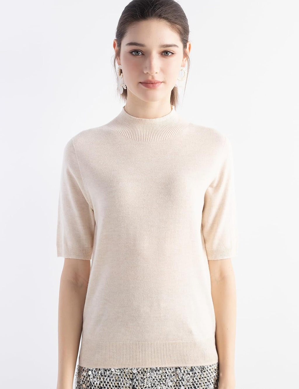 Merino Wool Blend Mock Neck Short Sleeve Seamless Knit Sweater