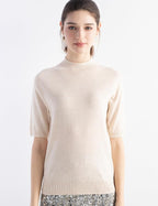 Merino Wool Blend Mock Neck Short Sleeve Seamless Knit Sweater