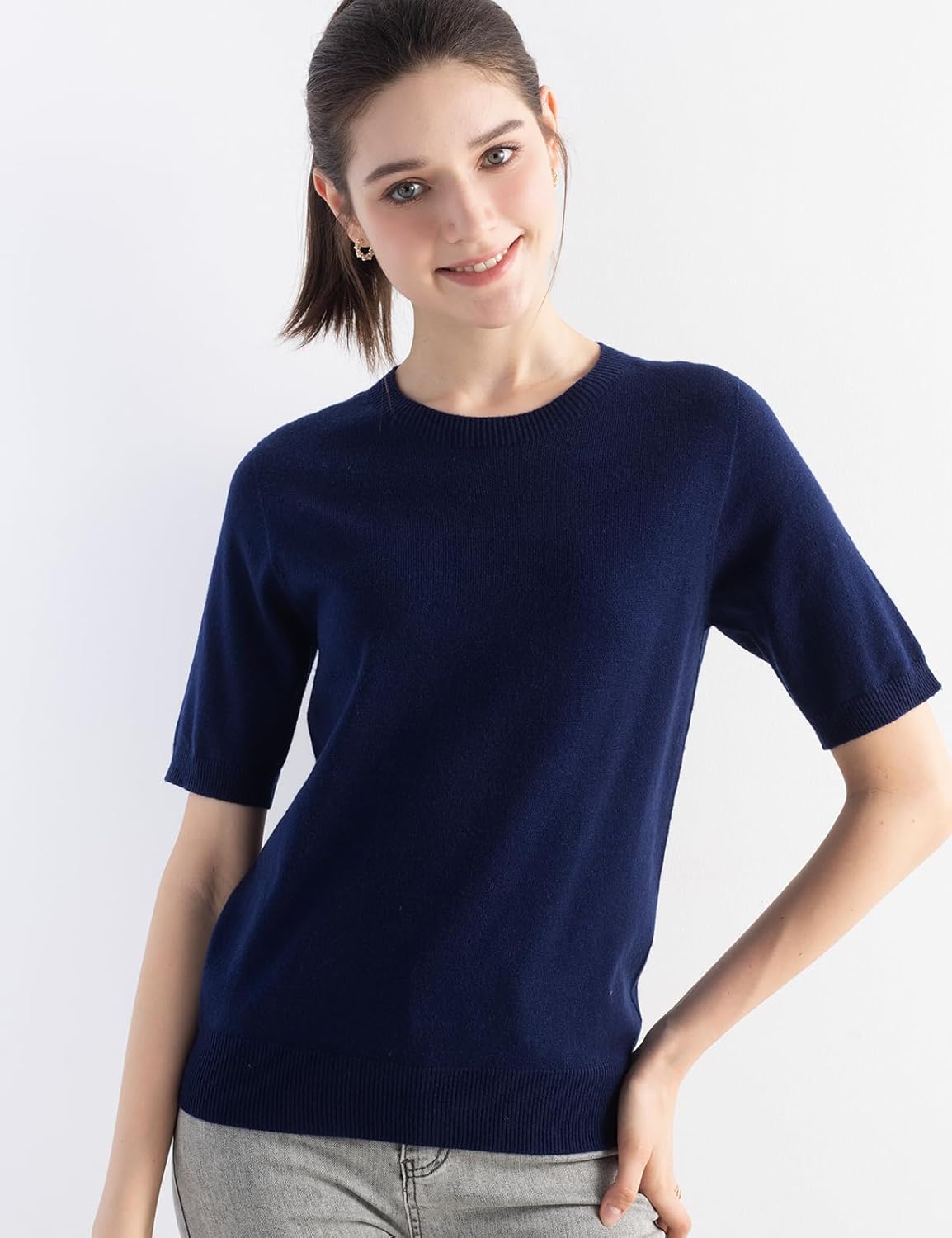 Merino Wool Blend Crew Neck Short Sleeve Seamless Knit Sweater