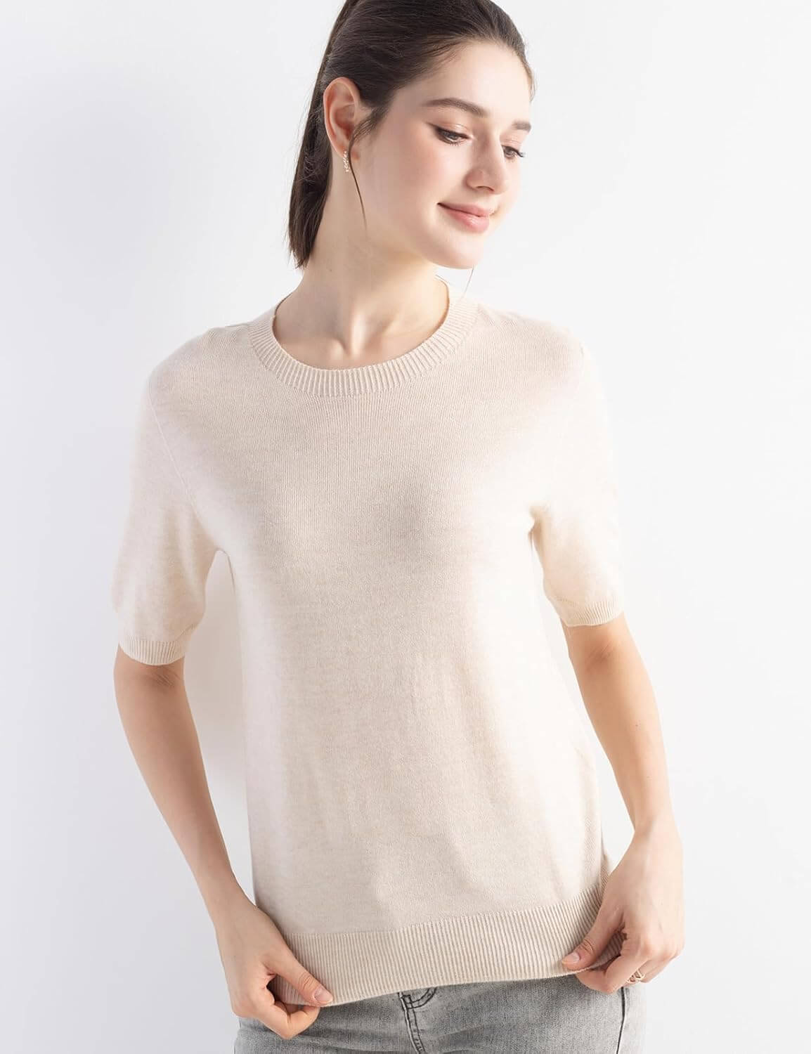 Merino Wool Blend Crew Neck Short Sleeve Seamless Knit Sweater