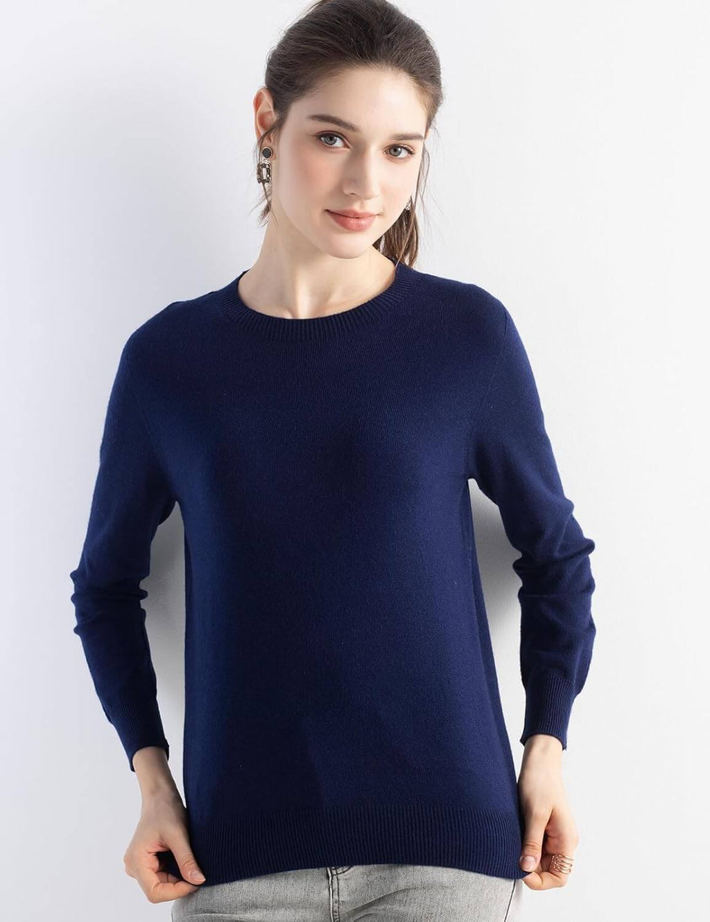 Merino Wool Blend Crew Neck Seamless Knit Sweater