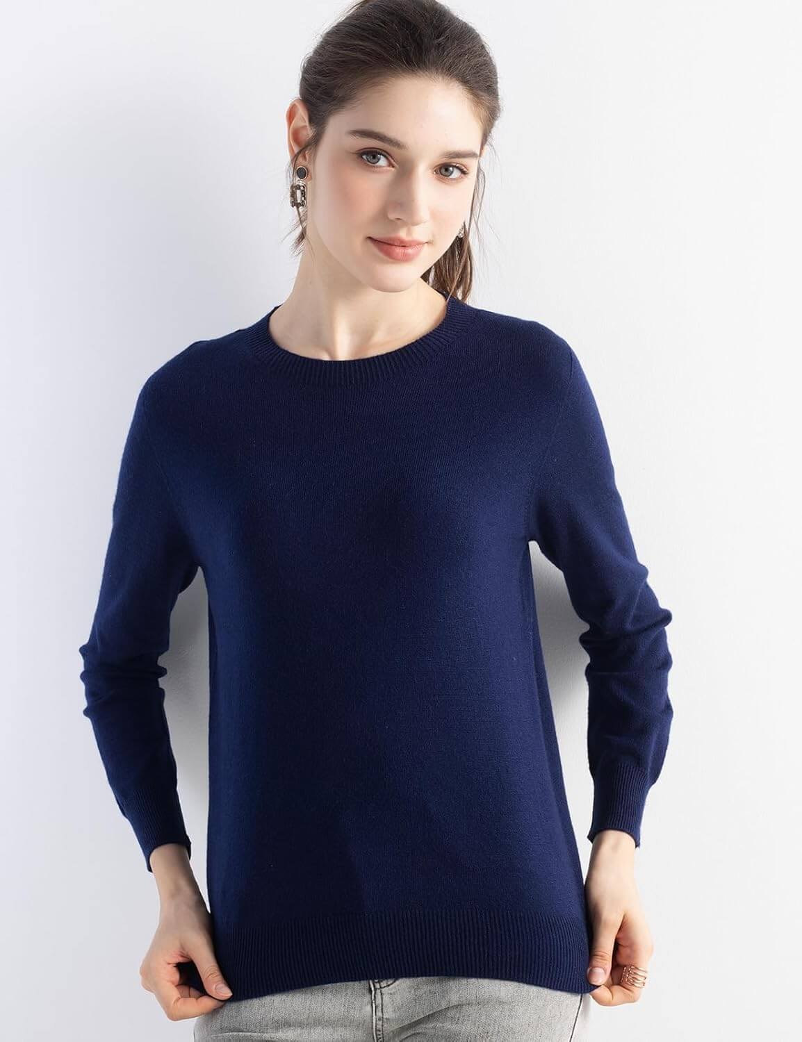 Merino Wool Blend Crew Neck Seamless Knit Sweater
