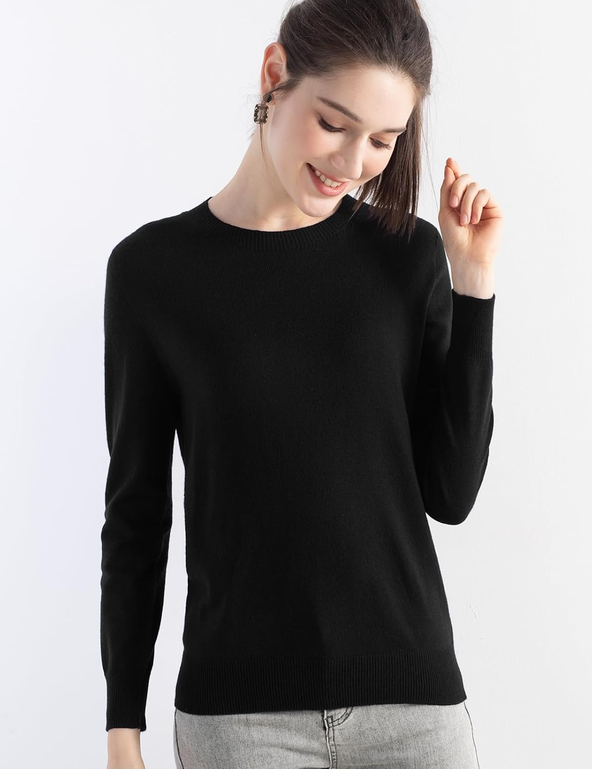 Merino Wool Blend Crew Neck Seamless Knit Sweater