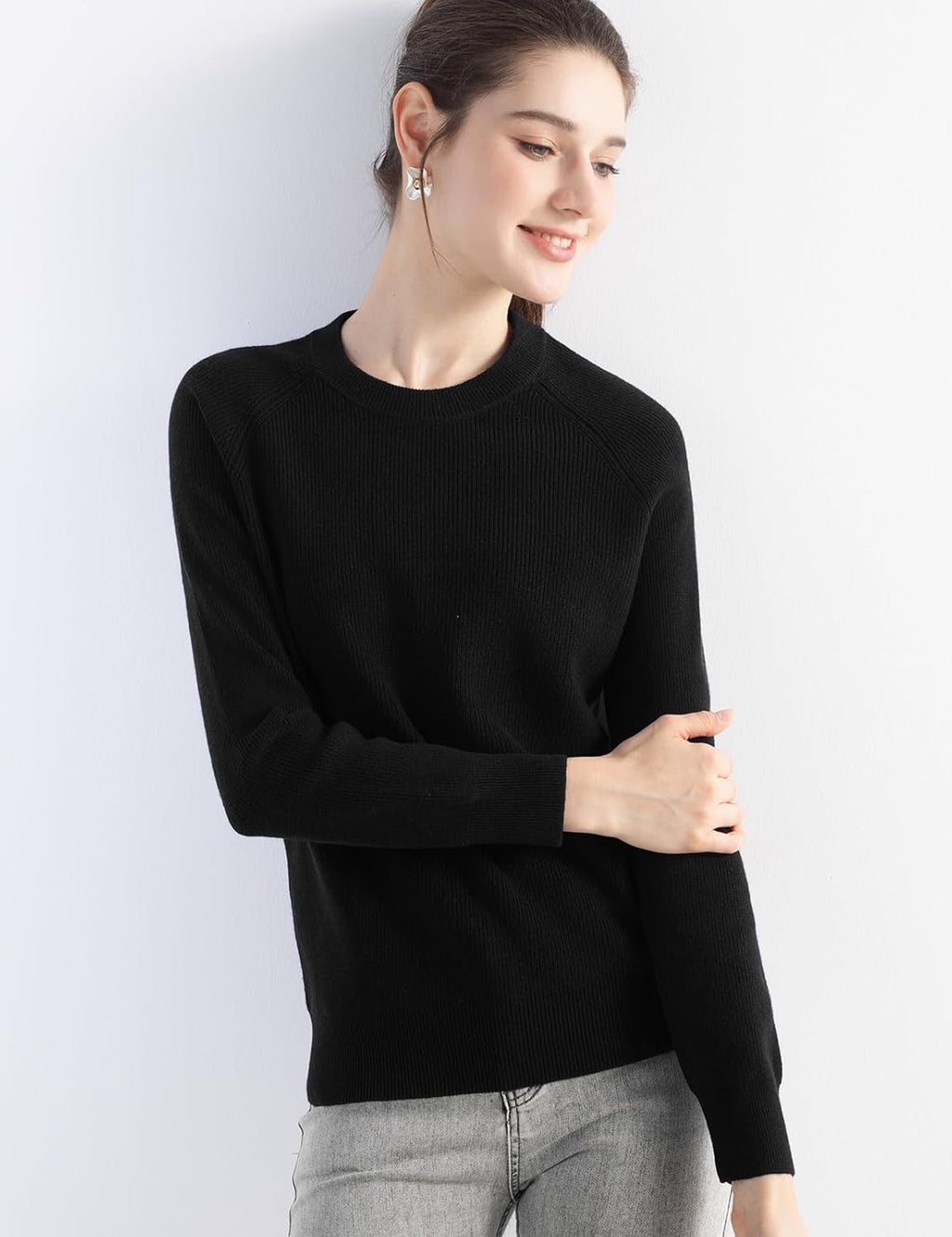 Merino Wool Blend Crew Neck Knit Sweater