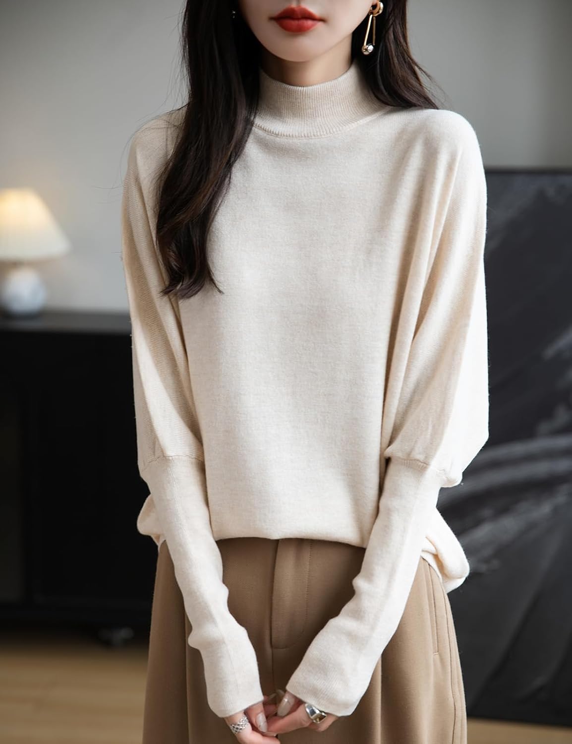 Merino Wool Blend Mock Neck Batwing Sleeve Sweater