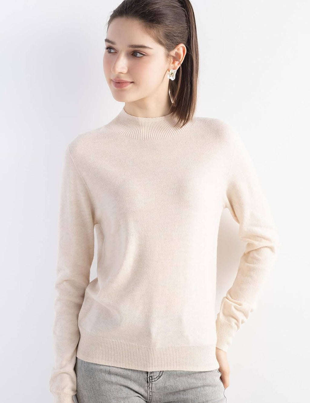 Merino Wool Blend Mock Neck Seamless Knit Sweater