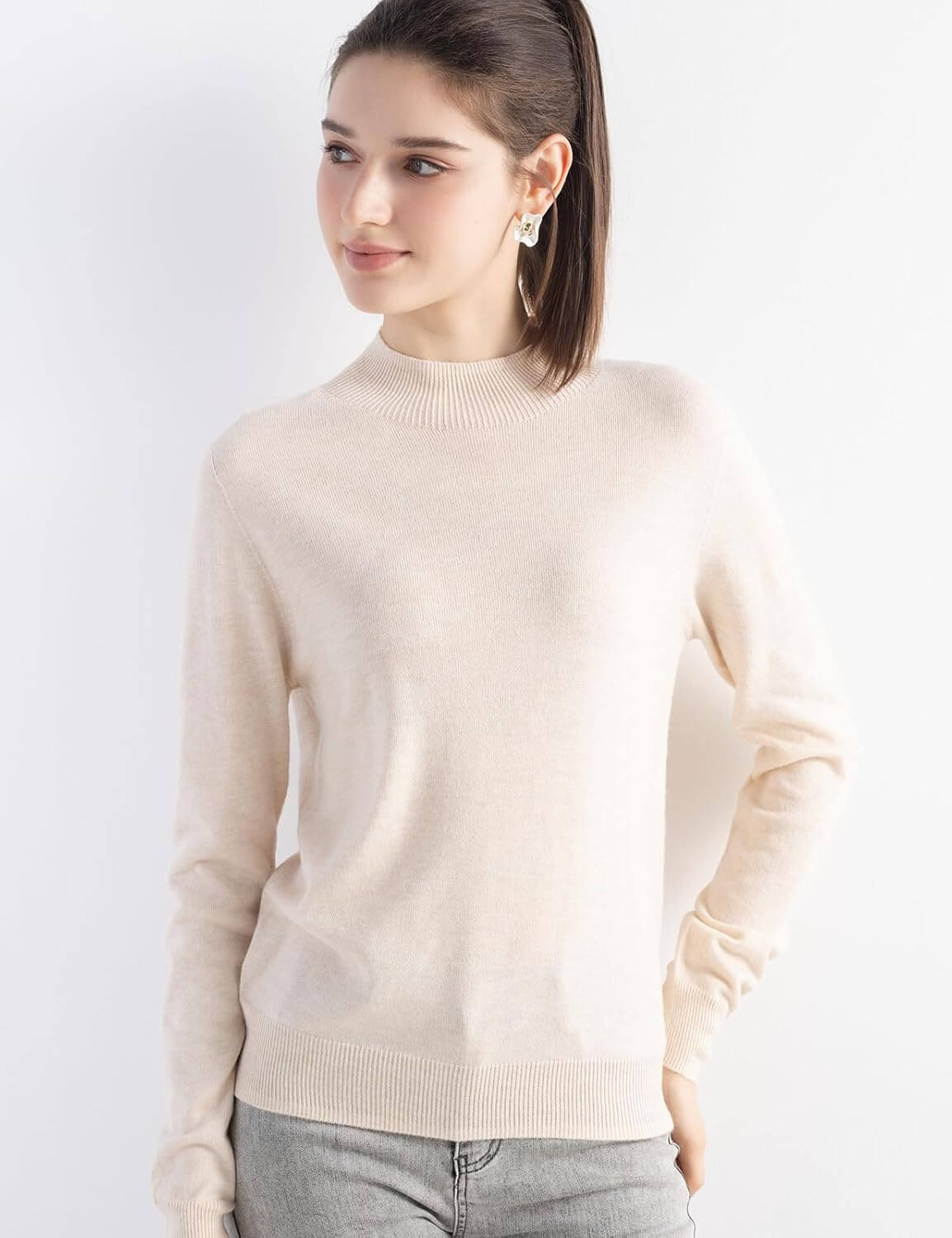 Merino Wool Blend Mock Neck Seamless Knit Sweater