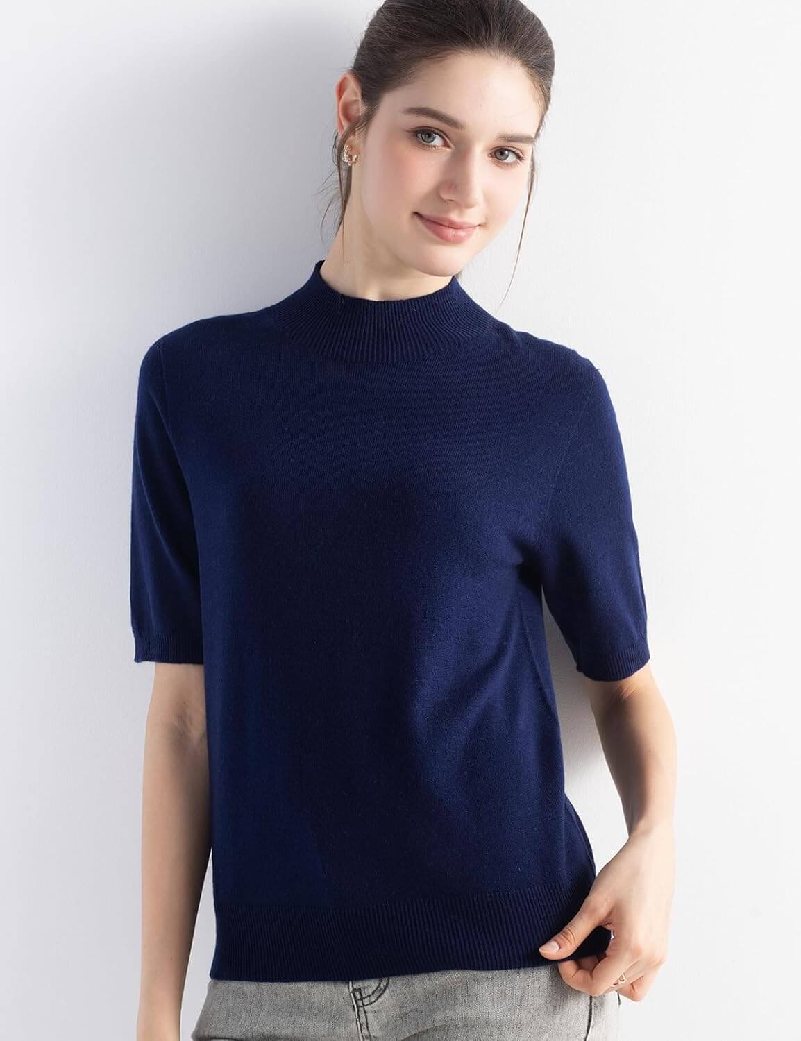 Merino Wool Blend Mock Neck Short Sleeve Seamless Knit Sweater