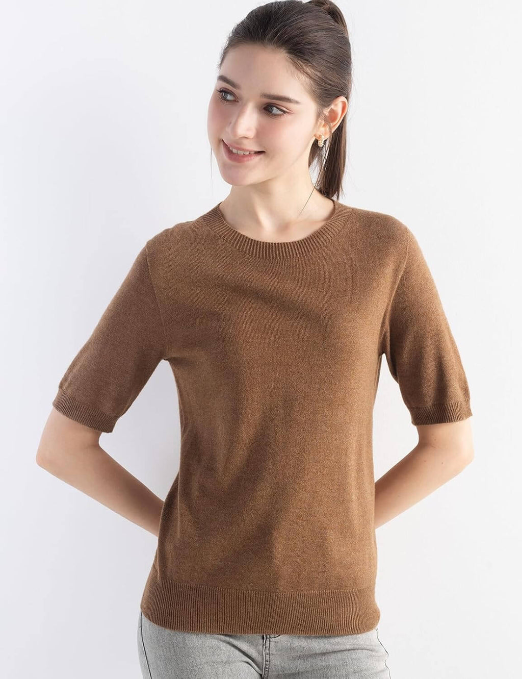 Merino Wool Blend Crew Neck Short Sleeve Seamless Knit Sweater