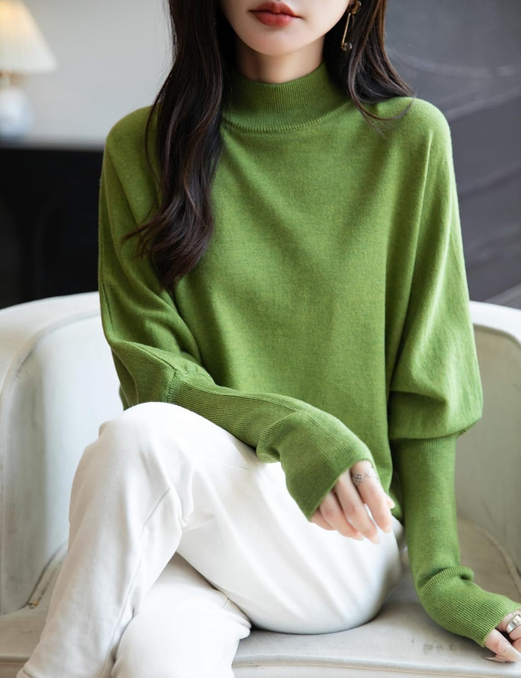 Merino Wool Blend Mock Neck Batwing Sleeve Sweater