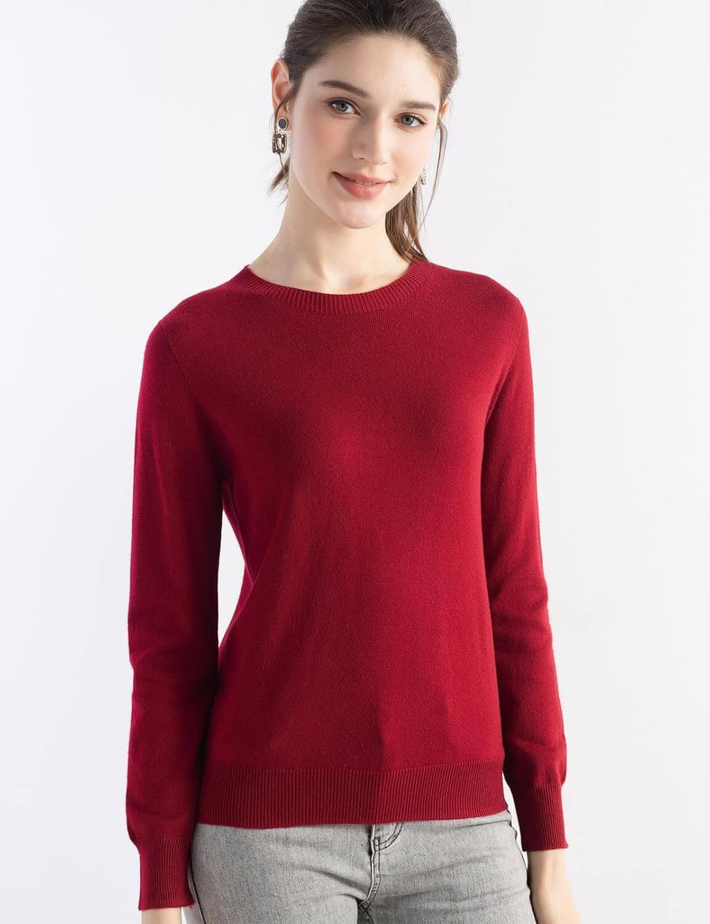 Merino Wool Blend Crew Neck Seamless Knit Sweater
